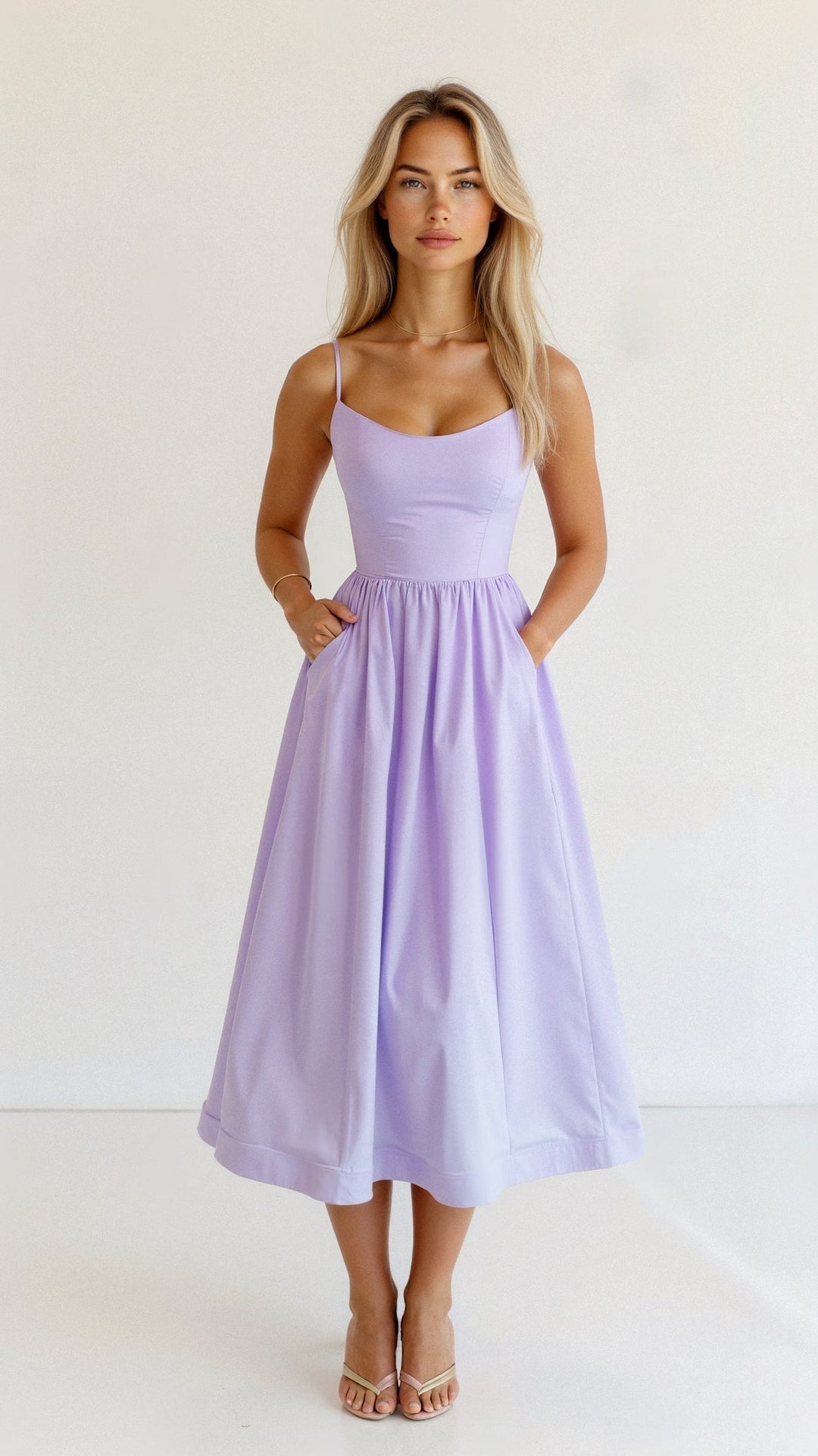Chic women's A-line midi dress. Spaghetti strap design offers elegant style for summer fashion & parties.