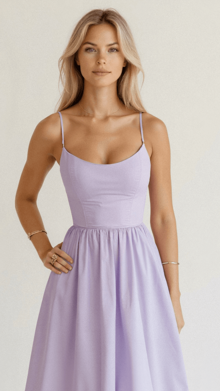 Versatile A-line midi dress for women, elegant spaghetti straps; perfect for spring occasions or party wear.