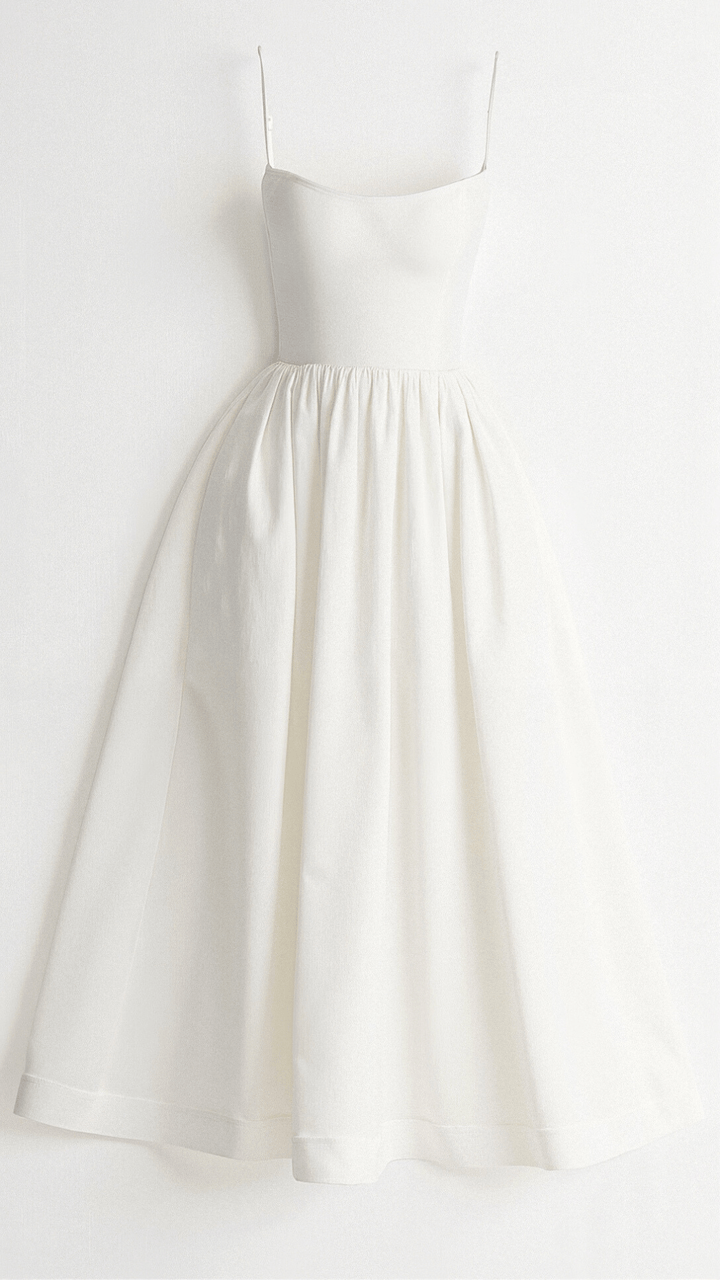 Beautiful A-line midi dress, elegant and flowy, with thin spaghetti straps for special occasions.