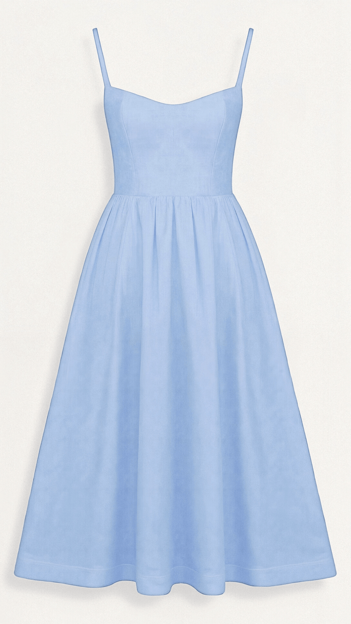 Summer fashion: Elegant A-line midi dress with spaghetti straps, perfect for women's special occasions.