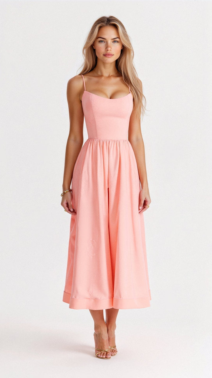 Flowy A-line women's midi dress, elegant design with spaghetti straps for versatile spring style.