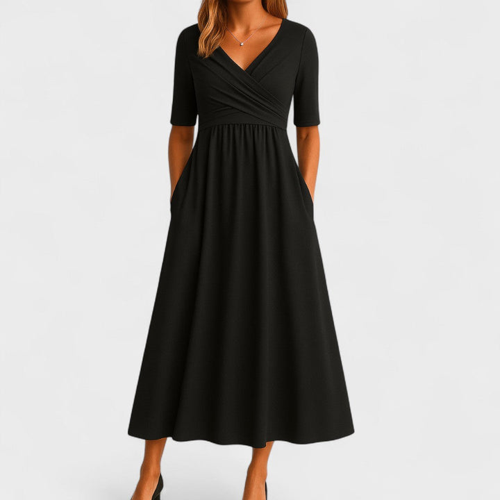 Sophisticated women's wrap A-line midi dress, ideal for semi-formal events, parties, or elegant office wear.