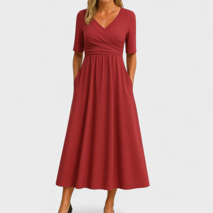 Women's sophisticated V-neck 3/4 sleeve A-line wrap dress, excellent as a semi-formal, cocktail or party dress.