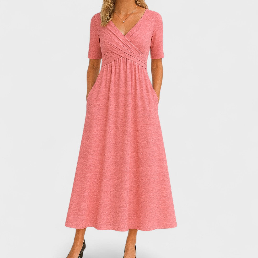 Flattering women's A-line wrap midi dress with a V-neck, ideal for semi-formal, office, or elegant occasions.