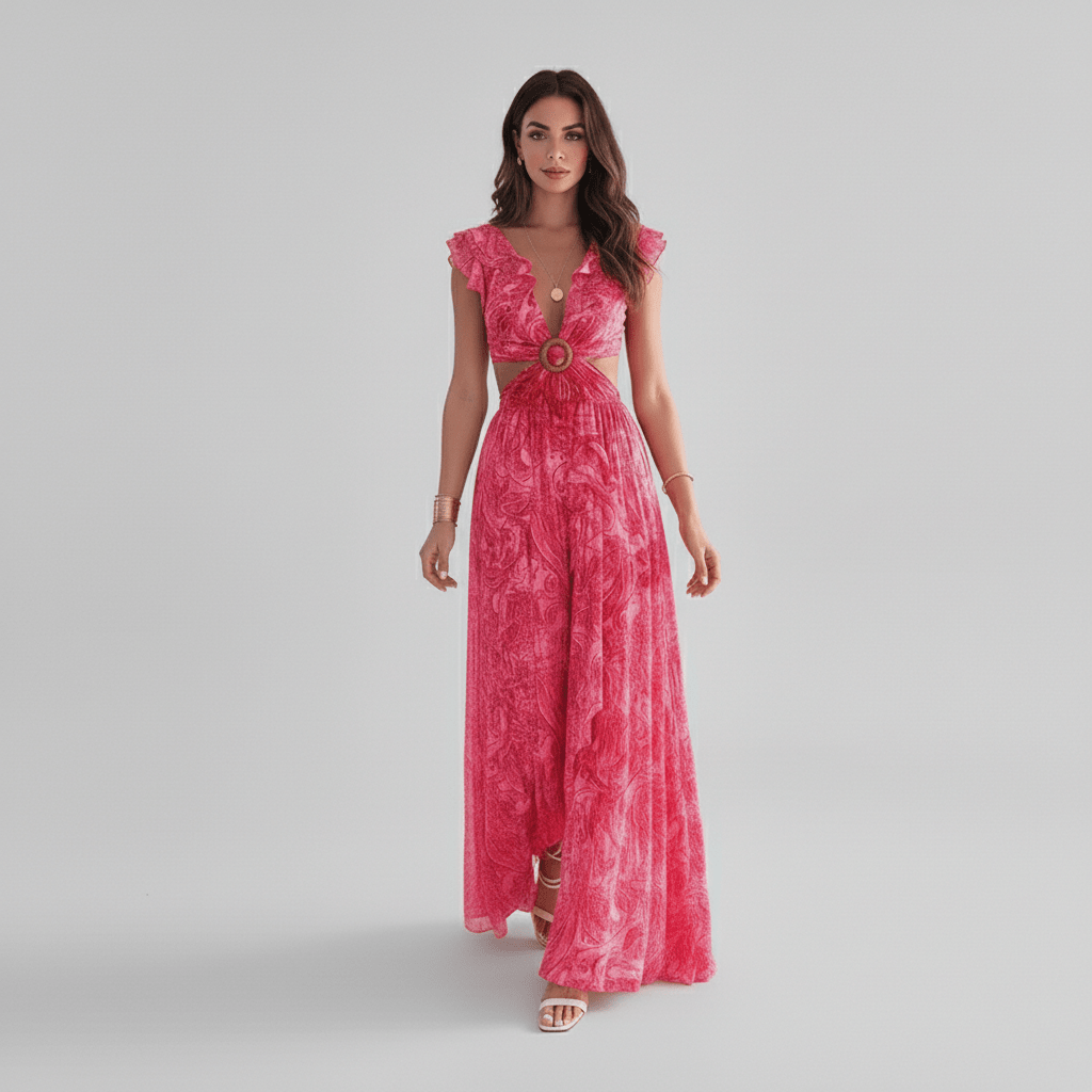 Elegant women's abstract print maxi dress with ruffle sleeves & chic cut-out detail, perfect for wedding guests.