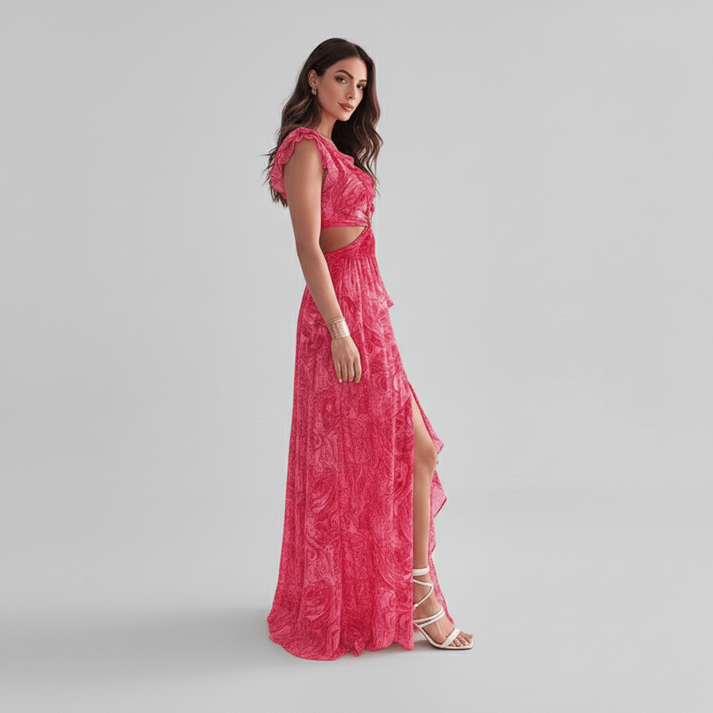 Stylish women's abstract print cut-out maxi dress with ruffle sleeves & V-neck, ideal for summer parties.