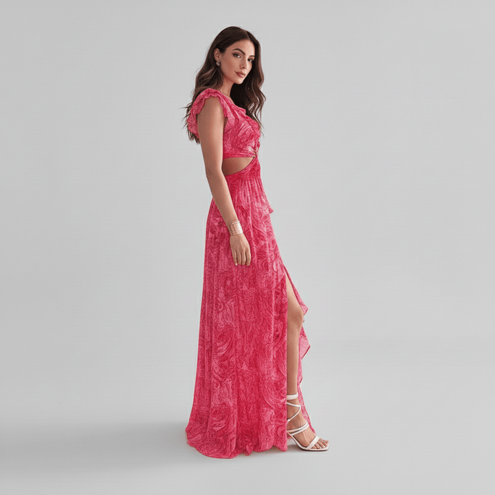 Stylish women's abstract print cut-out maxi dress with ruffle sleeves & V-neck, ideal for summer parties.