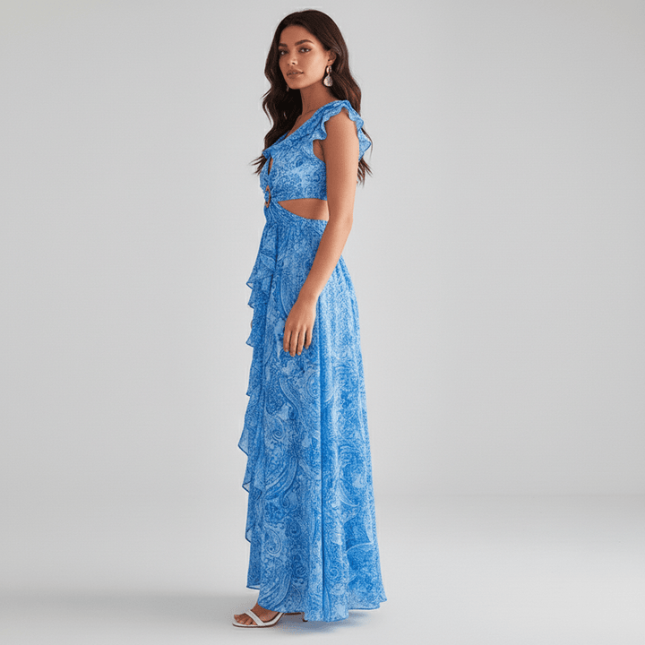 Elegant women's summer abstract print maxi dress, featuring ruffle sleeves, V-neck, and stylish cut-outs.