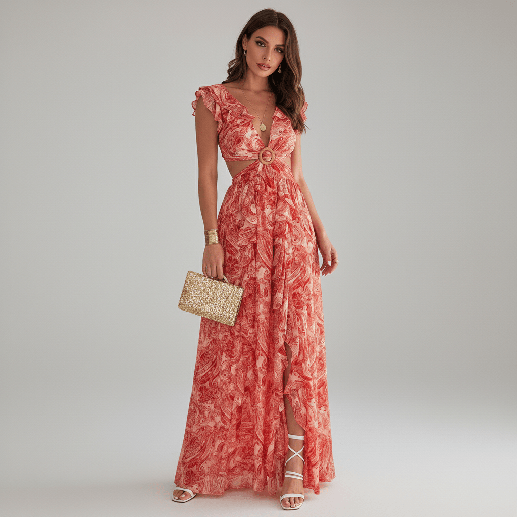 Vibrant abstract print cut-out maxi dress for women, with playful ruffle sleeves, perfect as a party dress.