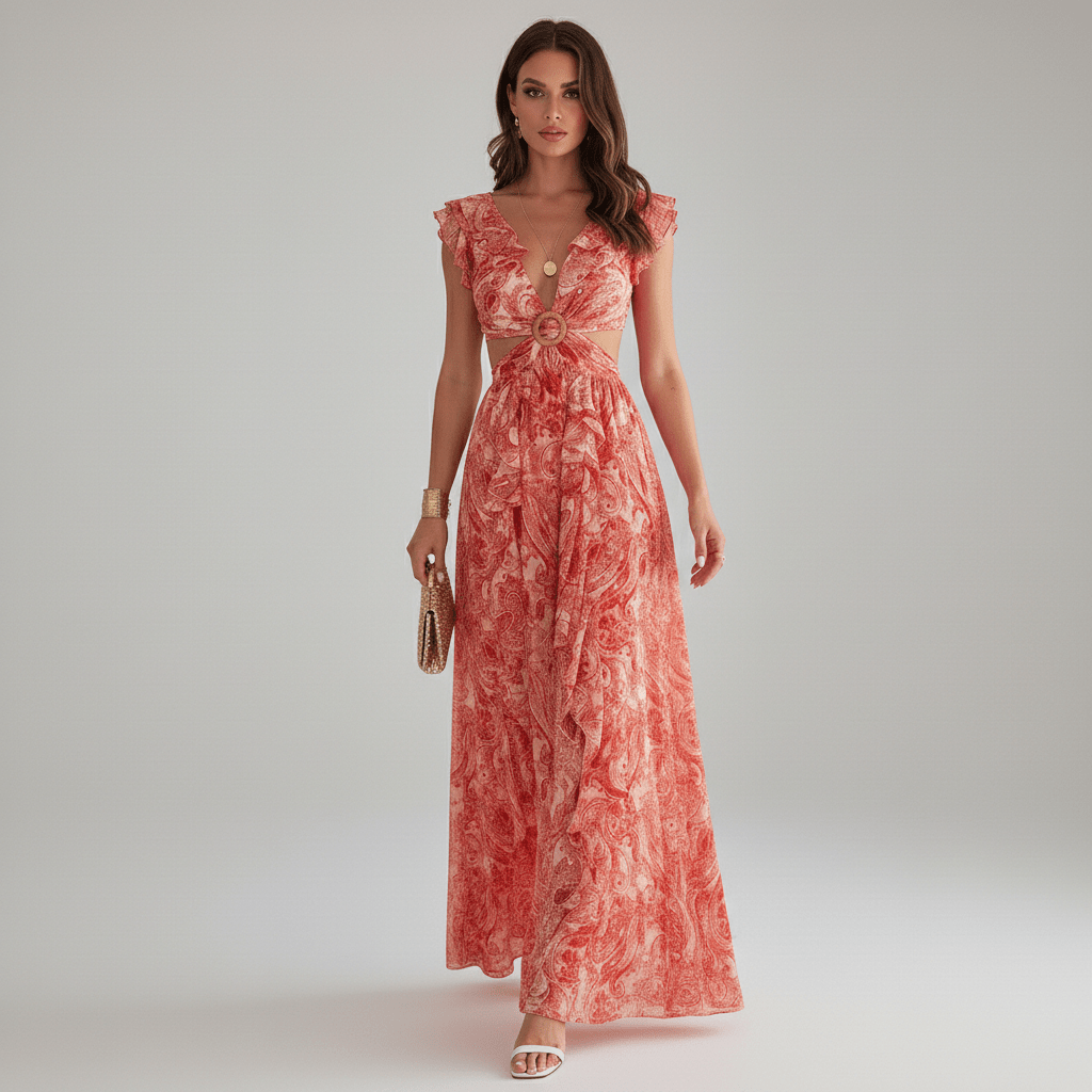 Wedding guest women's abstract print maxi dress, featuring elegant ruffle sleeves and a chic cut-out detail.