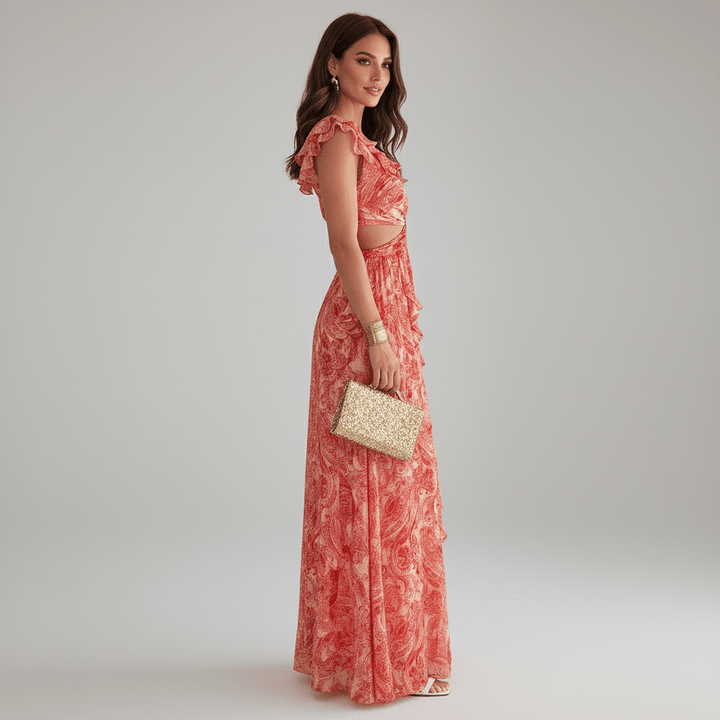 Long women's fashion abstract print maxi dress, styled with elegant ruffle sleeves and a trendy cut-out.