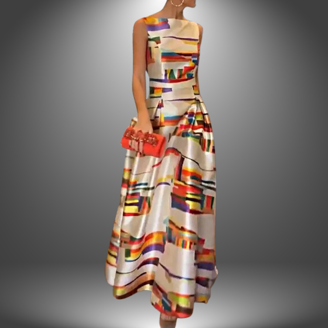 Elegant Women's Abstract Print Sleeveless A-Line Maxi Dress, perfect for parties or special occasions.