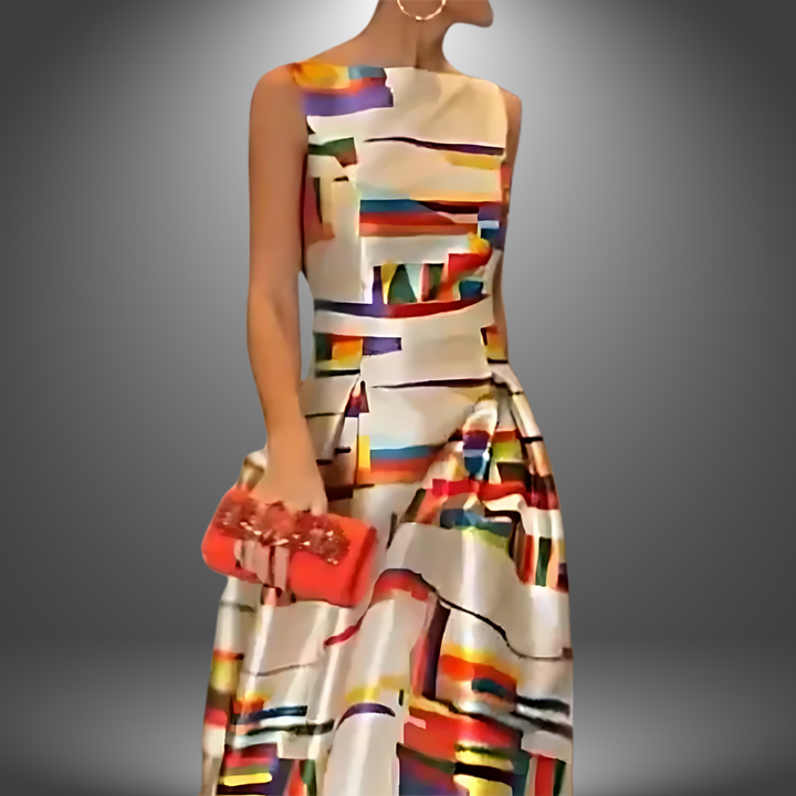 Sleeveless A-Line Abstract Print Maxi Dress, ideal formal evening gown or wedding guest attire.