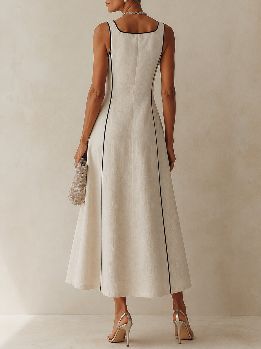 Apricot sleeveless A-line maxi dress for women, featuring a stylish square neckline and chic contrast piping detail.
