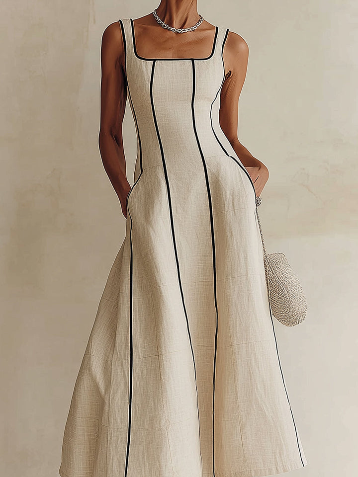 Summer party apricot A-line maxi dress, sleeveless with a square neckline & decorative contrast piping for women.
