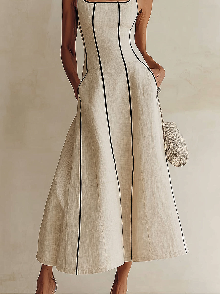 Chic women's apricot A-line maxi dress for occasion wear, boasting an elegant square neck & contrast piping.