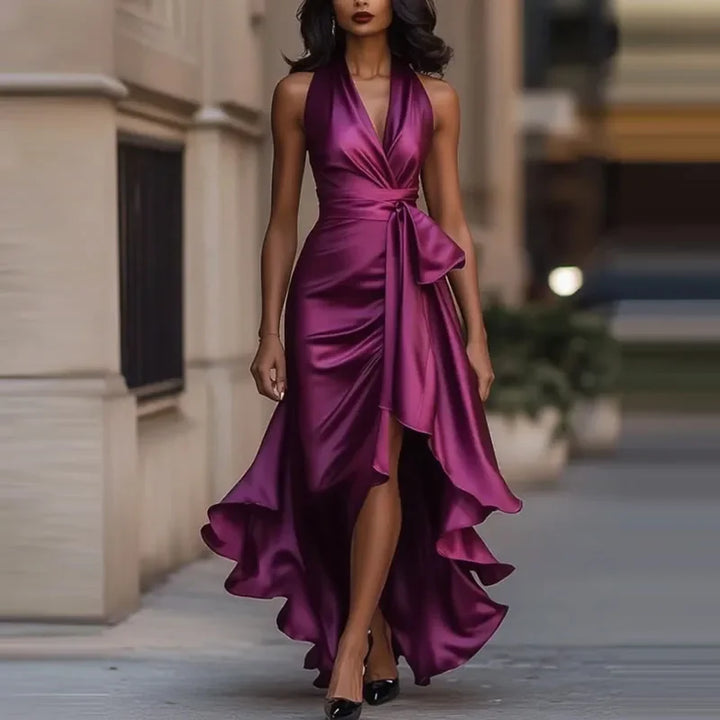 Sophisticated women's off-shoulder cocktail maxi dress. Elegant design with flattering fit & asymmetrical hem.