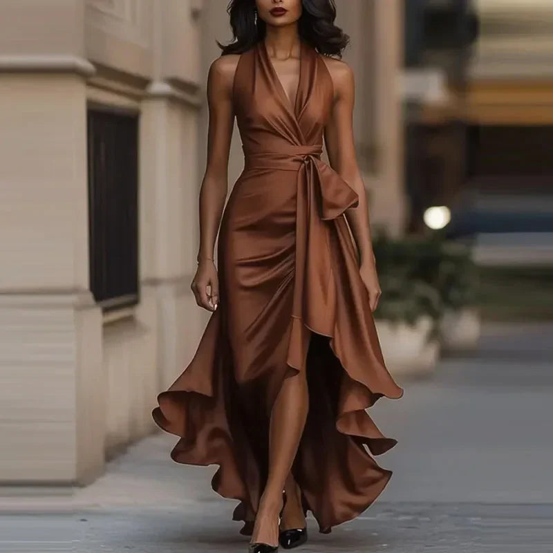 Stylish women's long off-shoulder maxi dress featuring a unique asymmetrical hem. Perfect elegant party wear.