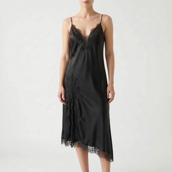 Fashionable women's asymmetrical slip dress with elegant design; versatile for evening wear or chic day occasions.