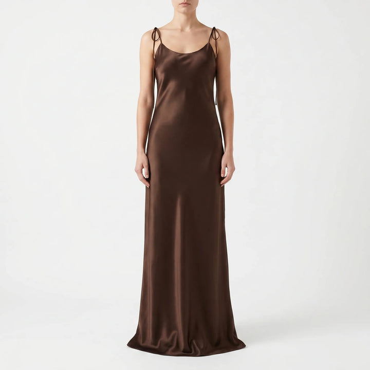 Women's A-line sleeveless floor-length slip dress, ideal for summer parties, cocktails & elegant events.