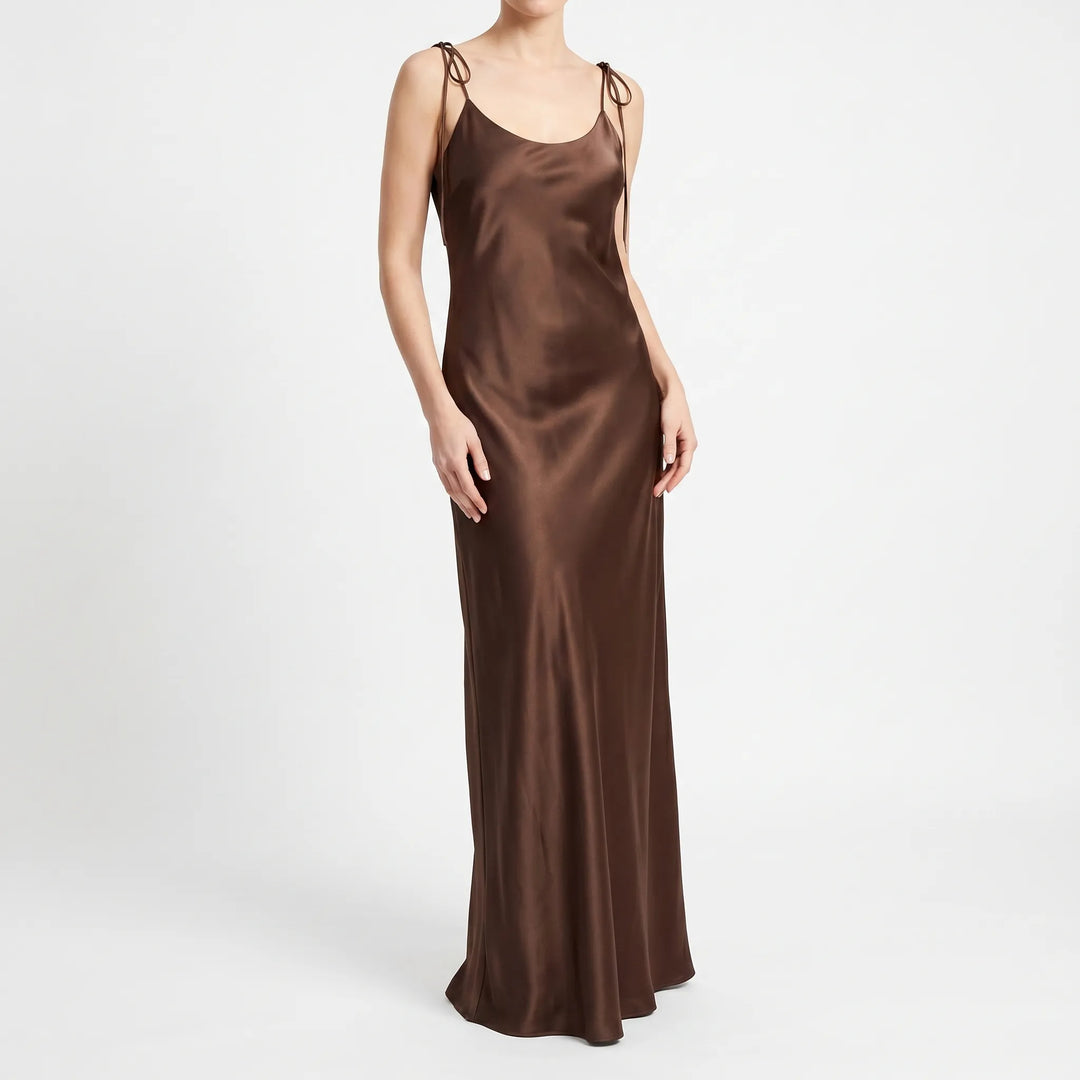 Sophisticated women's backless floor-length A-line dress, perfect as a long slip dress for evening events.