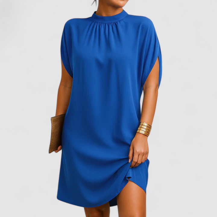 Chic women's mock neck midi dress featuring unique batwing split sleeves, ideal for spring & summer elegance.