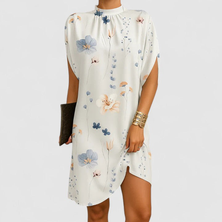 Comfortable flowy women's midi dress with an elegant mock neck and fashionable batwing split sleeves.
