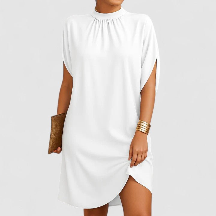 Stylish women's midi dress showcasing a mock neck and unique batwing split sleeves; a versatile elegant piece.