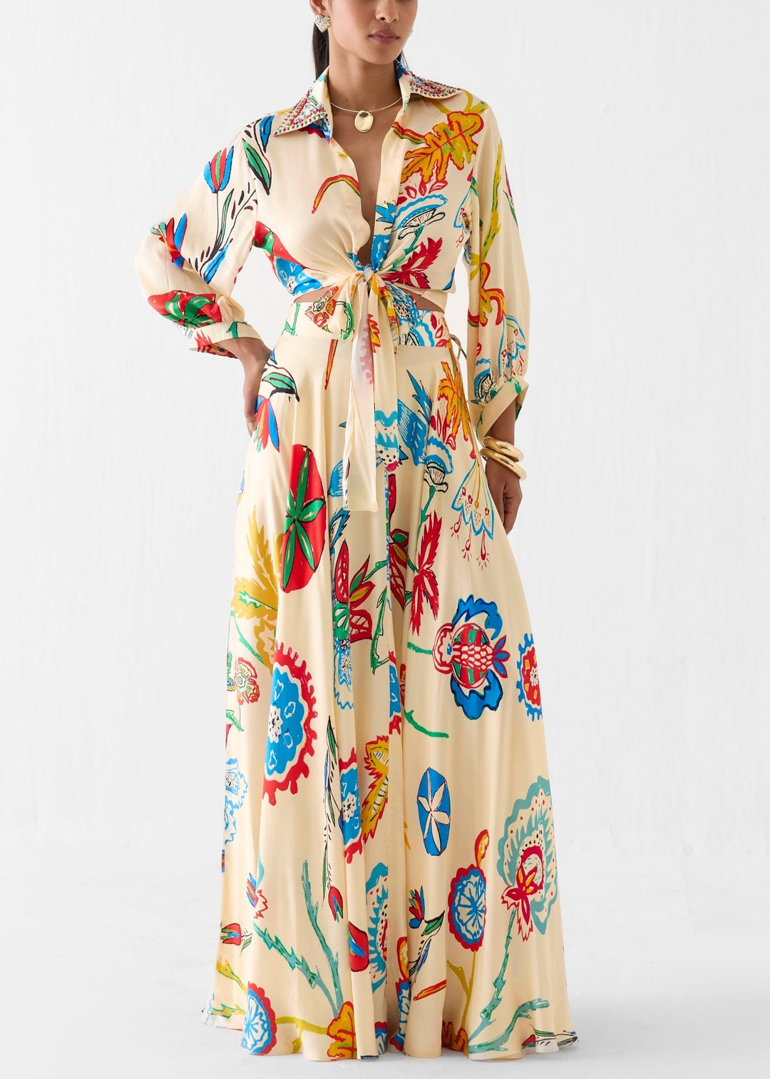 Elegant women's beige floral print tie-front top and matching maxi skirt set. Perfect for resort wear & summer fashion.
