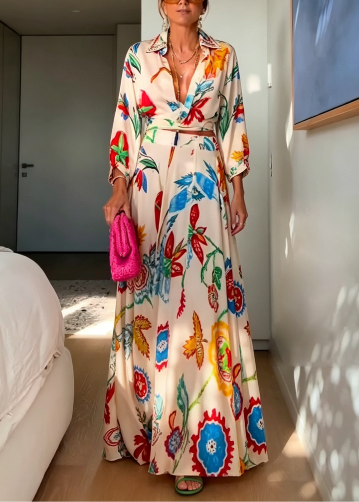 Beige floral print long sleeve button-front top & flowing maxi skirt set for women. Bohemian summer fashion.