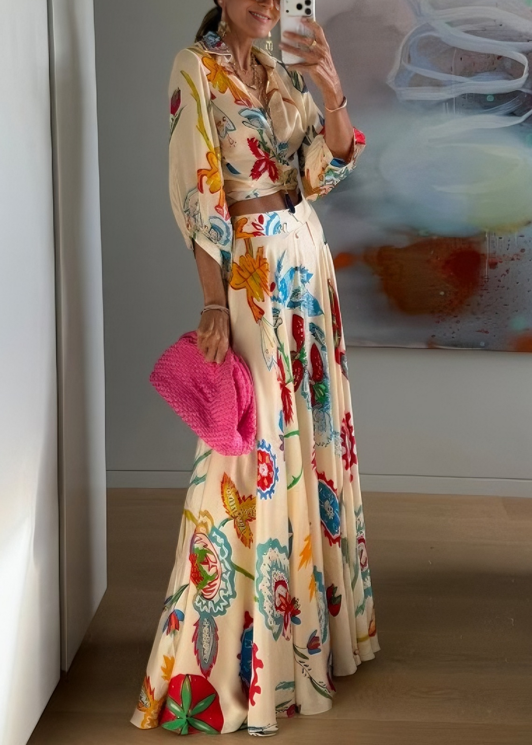 Bohemian women's elegant floral print tie-front top & maxi skirt set in beige. Stylish two-piece summer fashion.