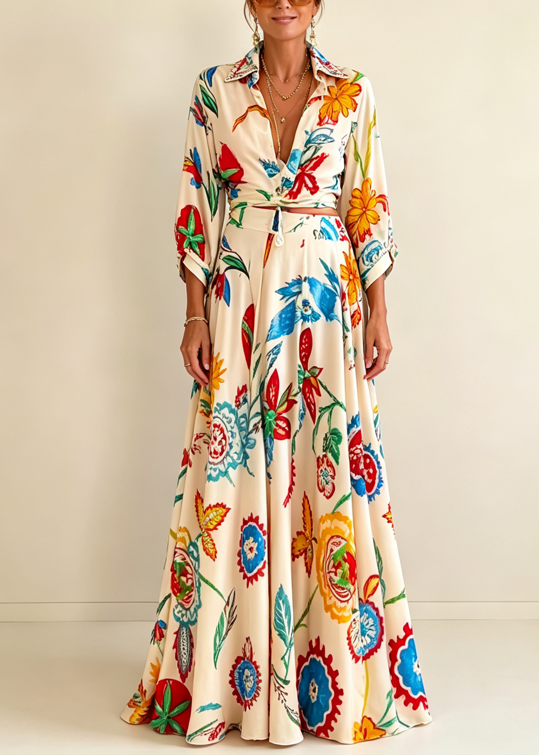 Vacation-ready women's floral print tie-front top and maxi skirt set. Chic summer resort wear & matching outfit.