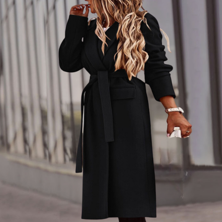 Women's fashionable belted maxi jacket, a sophisticated long coat. Versatile for elegant style, casual chic, or formal.