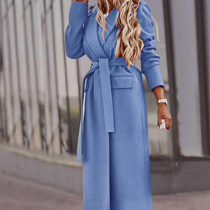 Women's elegant outerwear: a belted maxi jacket. Versatile long coat for women's fashion, from casual to formal wear.