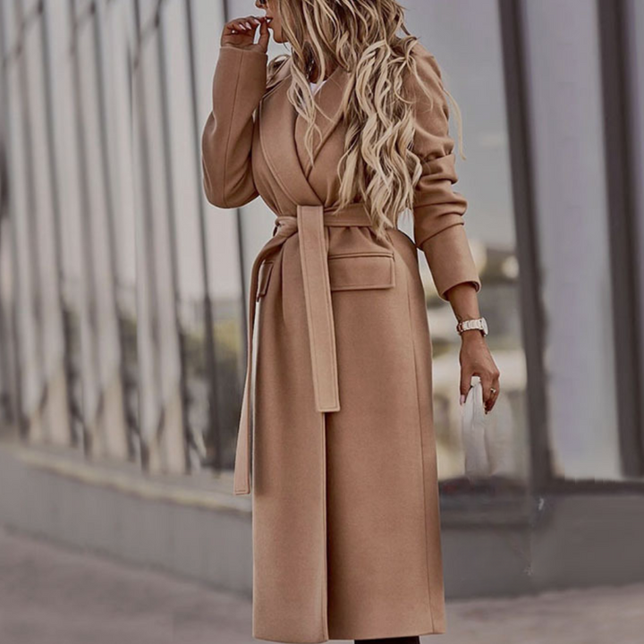 Chic women's belted maxi jacket. This versatile long coat is essential women's outerwear for elegant everyday styling.