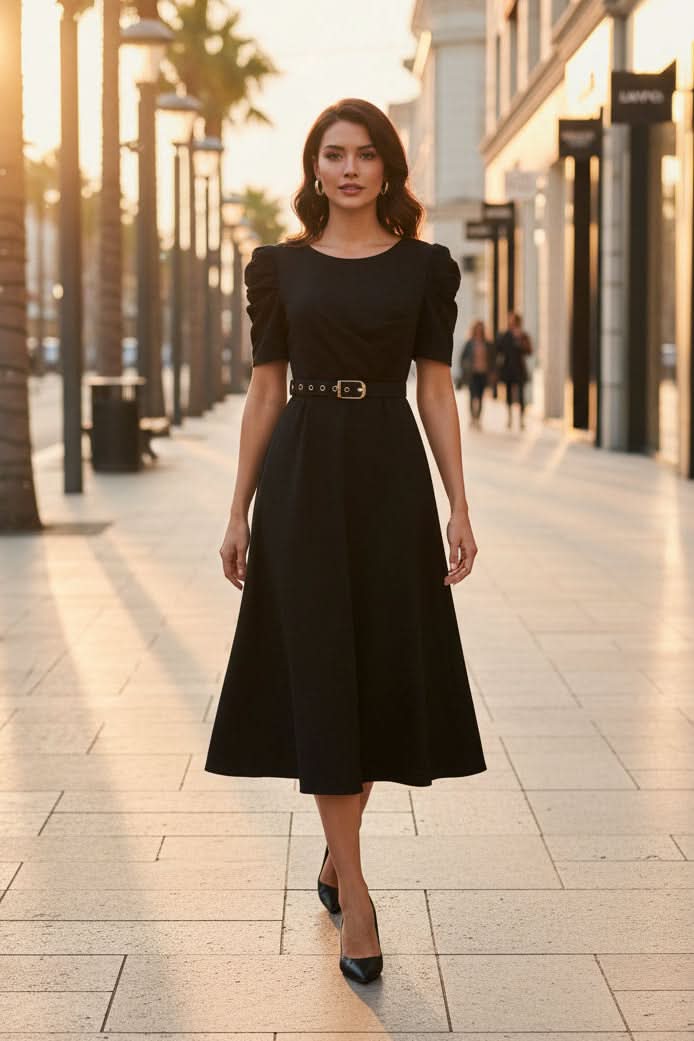 Elegant women's belted midi dress with V-neck, perfect for office, workwear, or formal summer events.