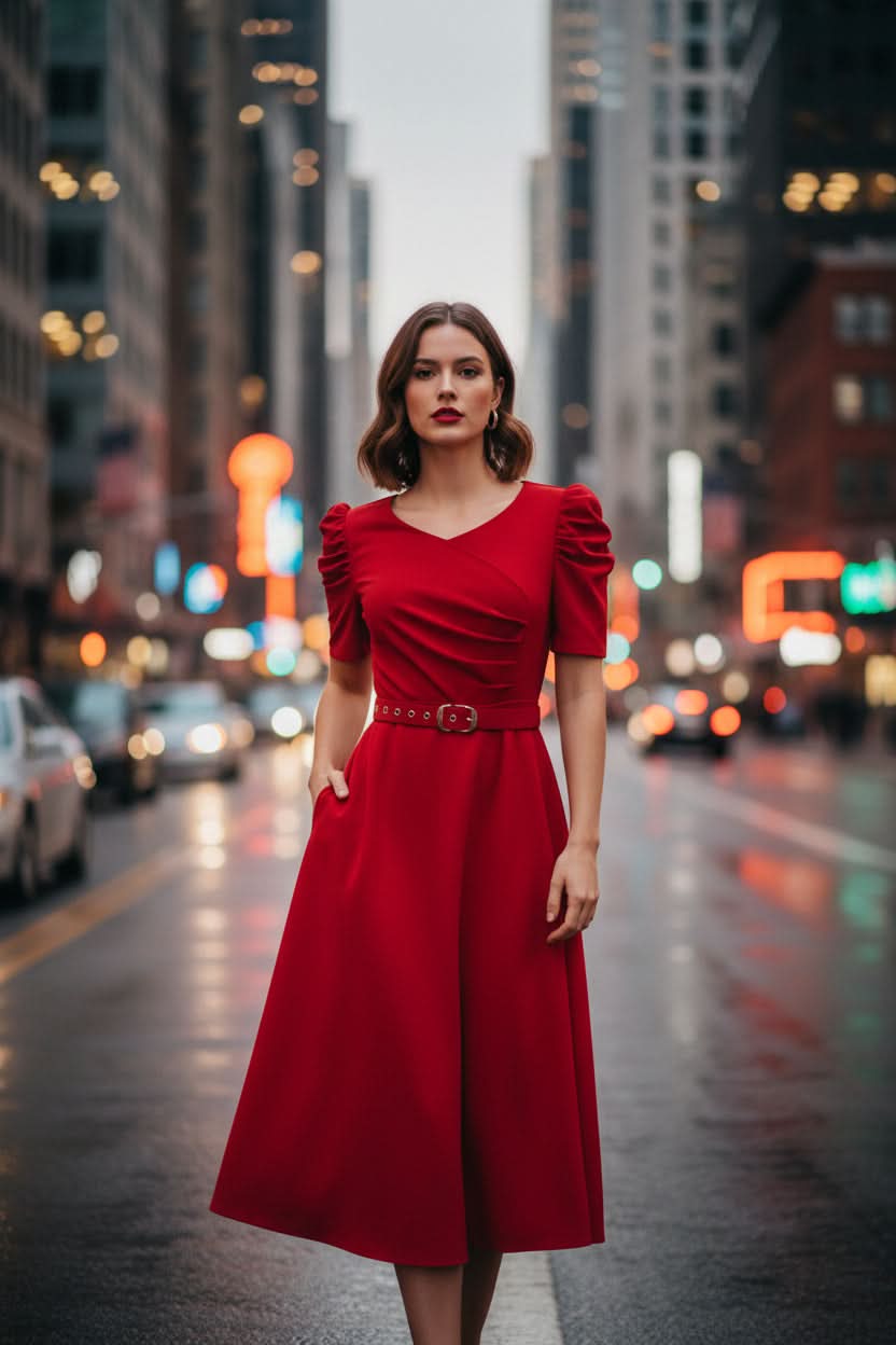 Versatile women's flare midi dress with a flattering belt, ideal for work, casual, or formal occasions.