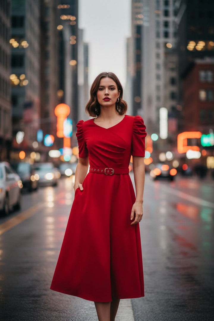 Versatile women's flare midi dress with a flattering belt, ideal for work, casual, or formal occasions.