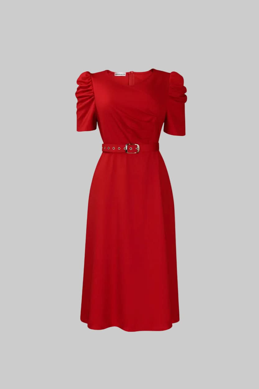 Stylish V-neck midi dress for women, featuring a flattering belted waist and elegant flare skirt.