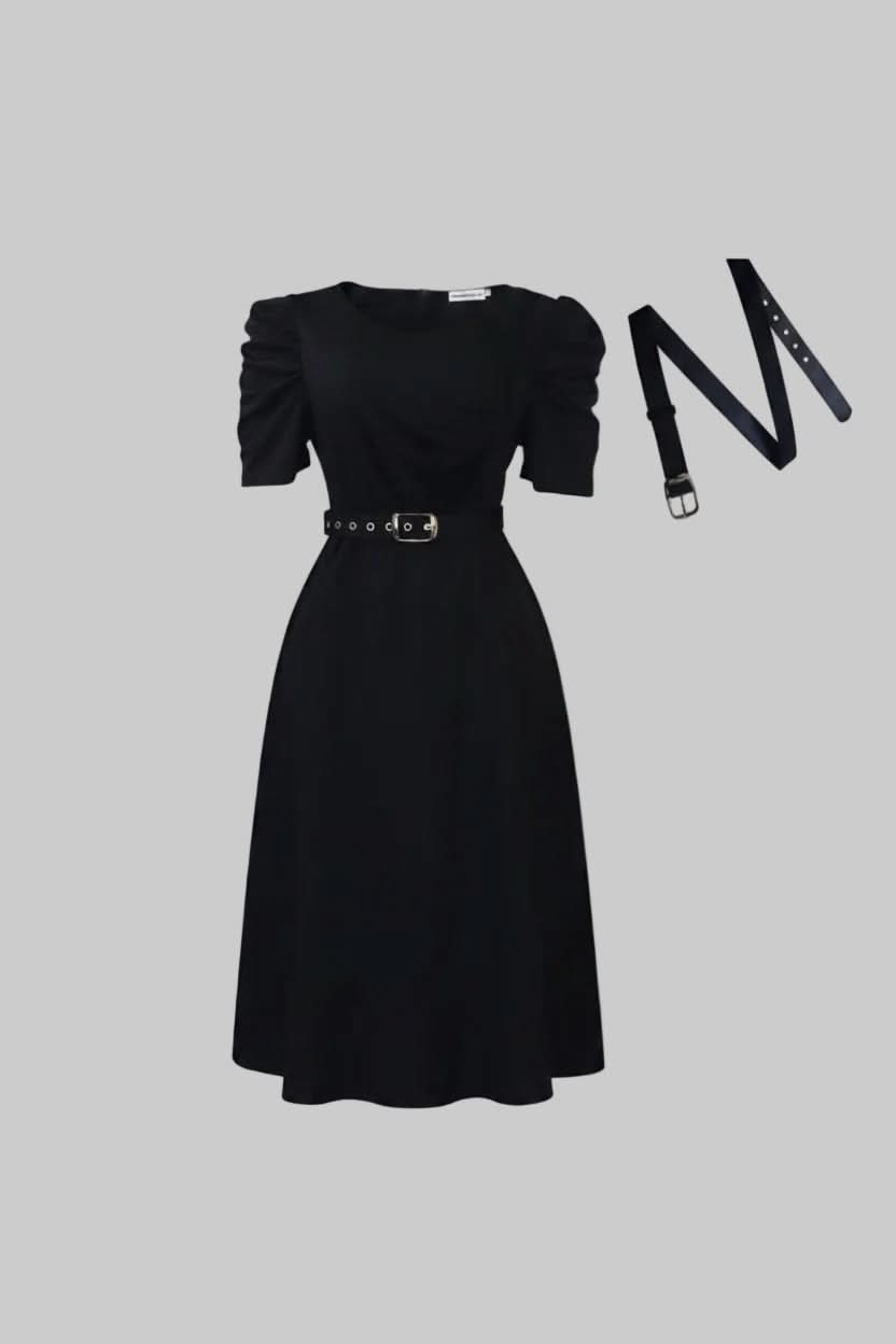 Formal women's belted midi dress, elegant and flattering for office, summer, or special event wear.
