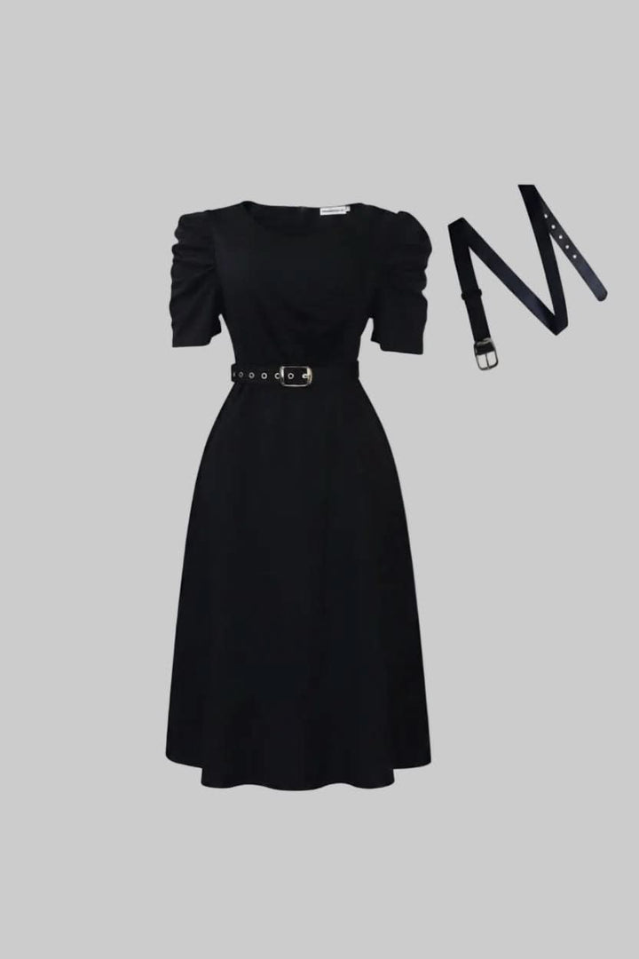 Formal women's belted midi dress, elegant and flattering for office, summer, or special event wear.