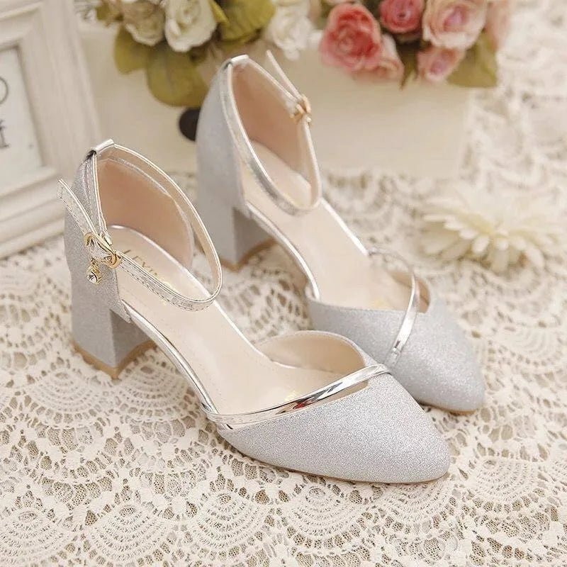 Silver women's block heel pumps with ankle strap, offering stable and chic versatile footwear.