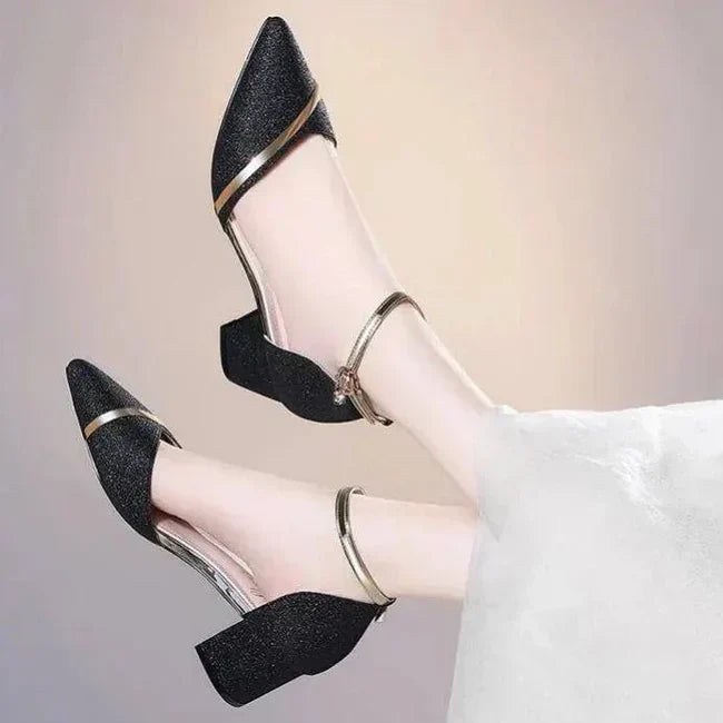 Beige versatile women's ankle strap pumps with a stable block heel, ideal for comfort and style.