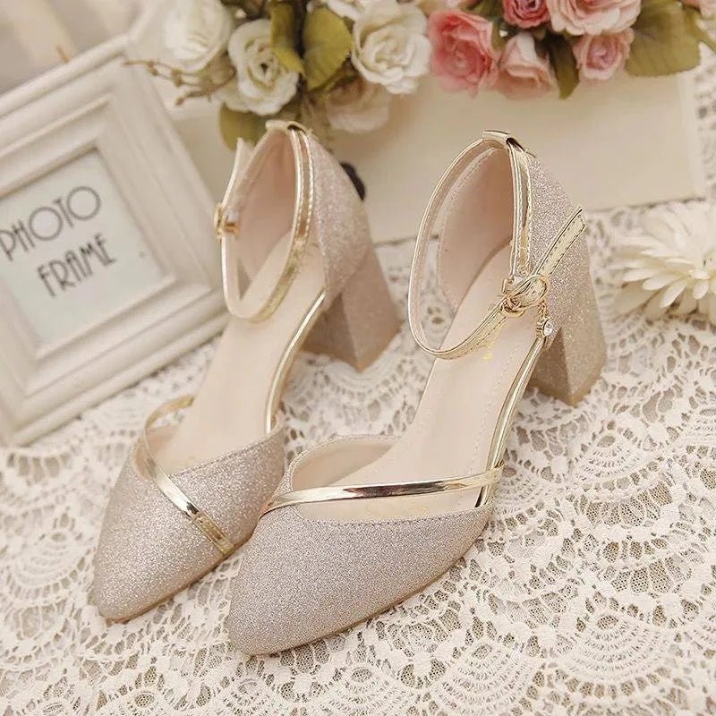 Stylish formal women's ankle strap block heel pumps, combining elegance with stability.