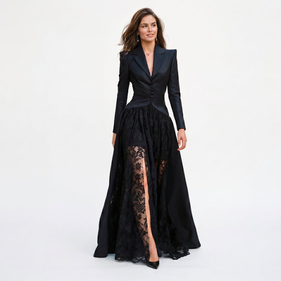 Elegant women's black blazer gown set with tailored blazer, sophisticated evening dress for formal events.