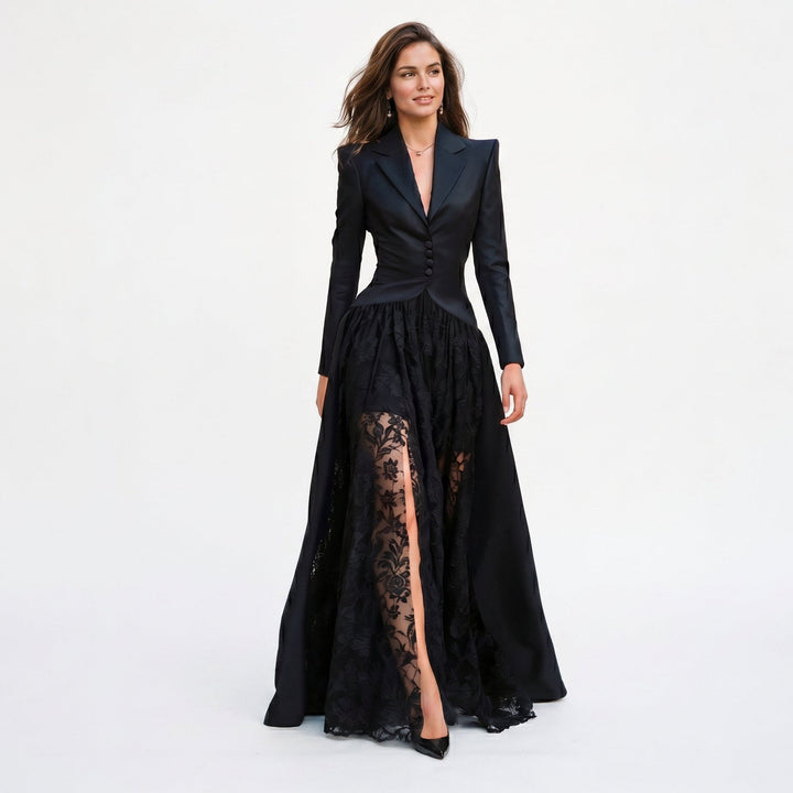 Elegant women's black blazer gown set with tailored blazer, sophisticated evening dress for formal events.