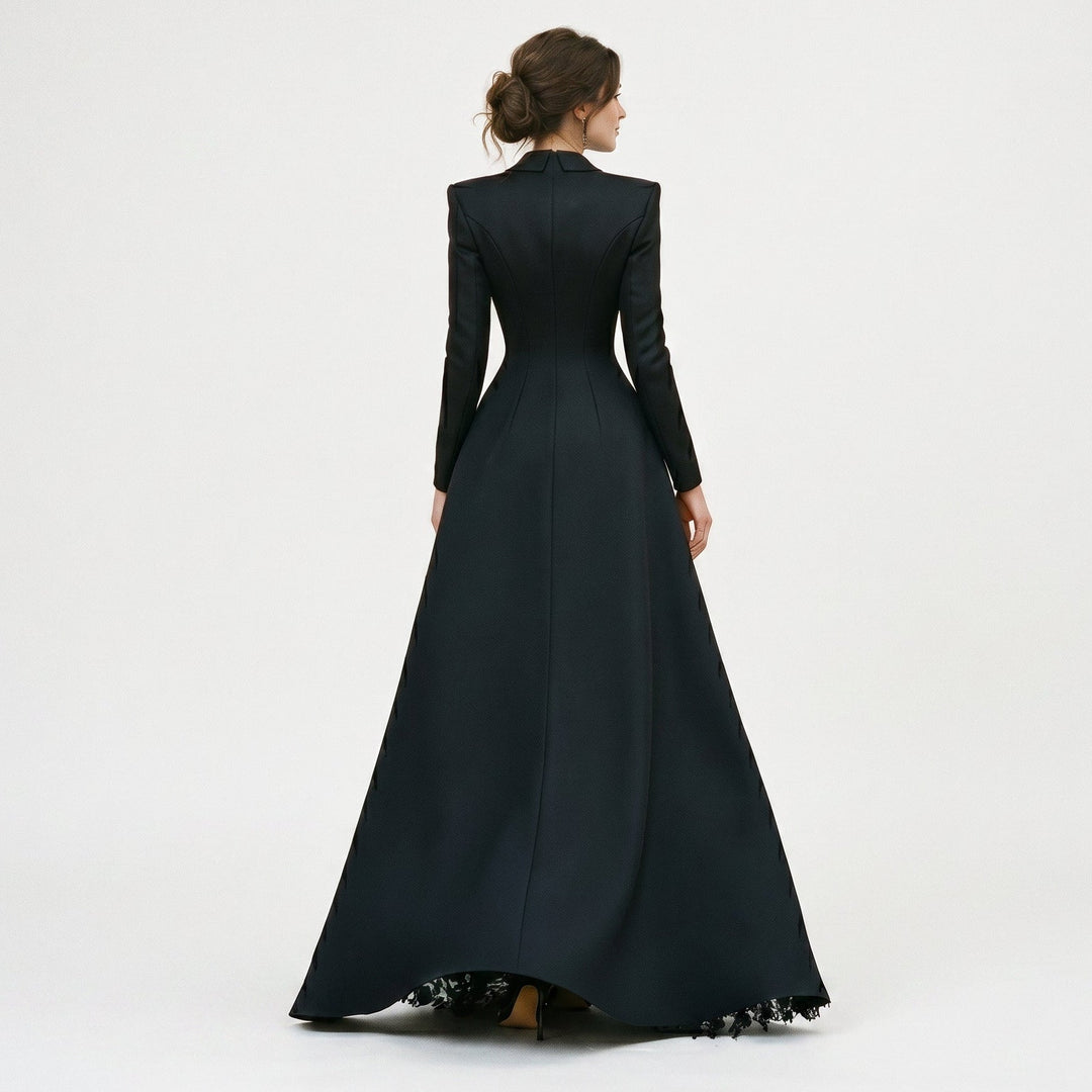 Sophisticated black evening gown set featuring a chic blazer & thigh slit dress, perfect for galas & red carpet.