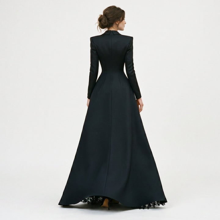 Sophisticated black evening gown set featuring a chic blazer & thigh slit dress, perfect for galas & red carpet.