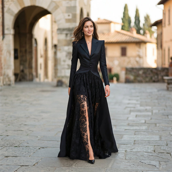 Stylish three-piece black blazer gown set for women, a formal evening outfit with an elegant thigh-slit dress.