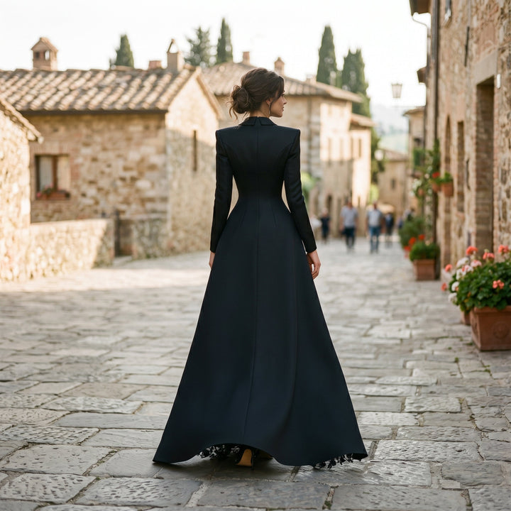 Women's elegant black blazer gown set, a stunning special occasion evening dress with a fashionable thigh slit.